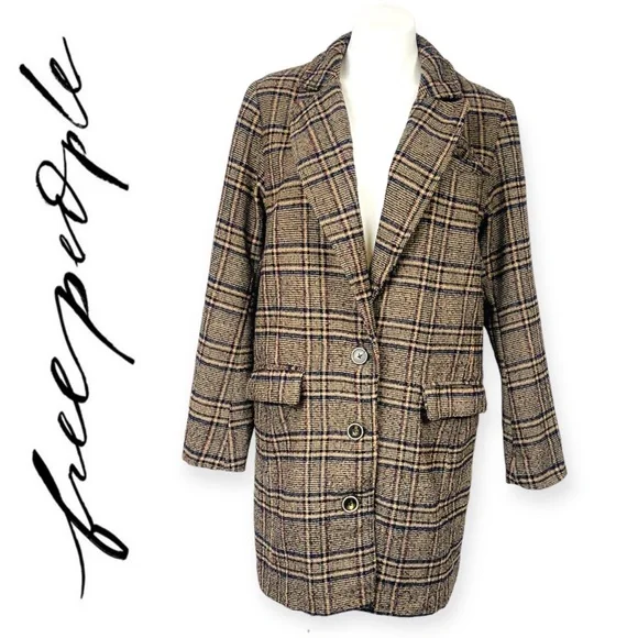 Free People Plaid Wool Blend Tweed Oversized Boxy Coat Overcoat Long Jacket Boho
